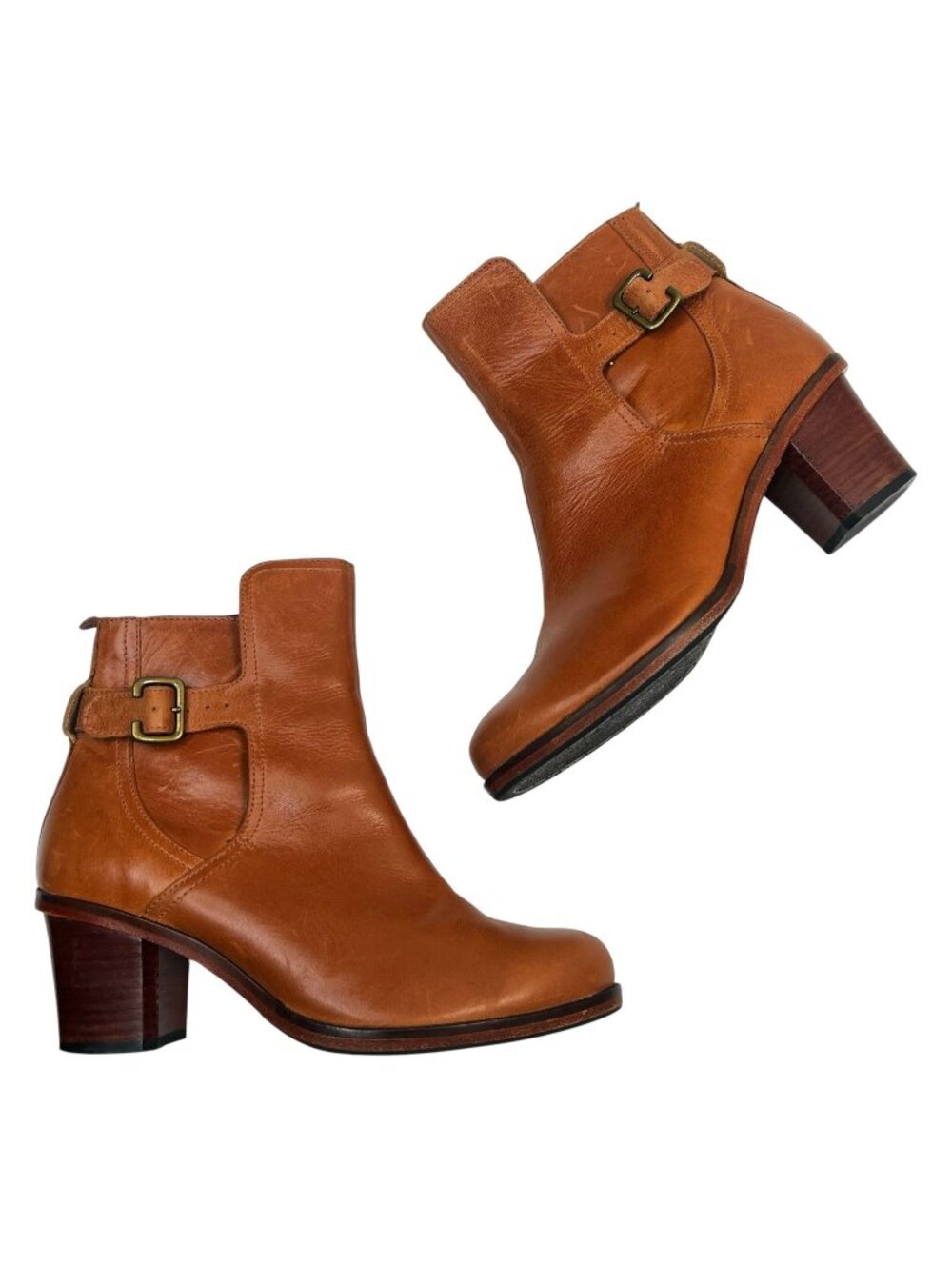 Anthropologie J Shoes Hardwick Booties Leather Buckle Block Heel Booties Brown 7